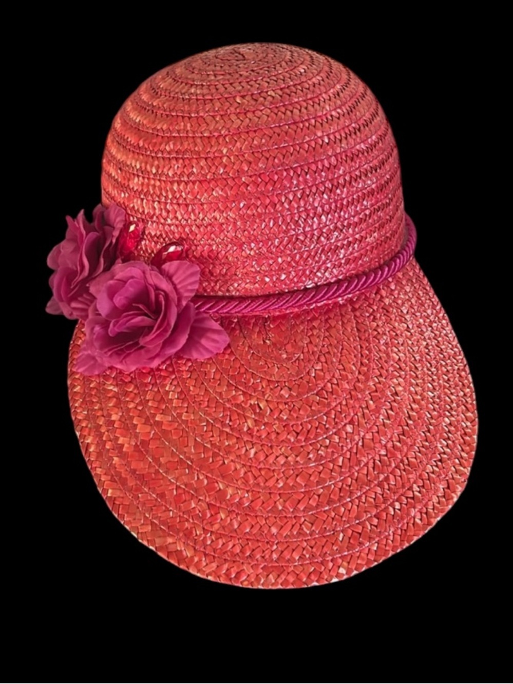 Vintage Red Straw Cap Sun Hat w Extra-Long Visor